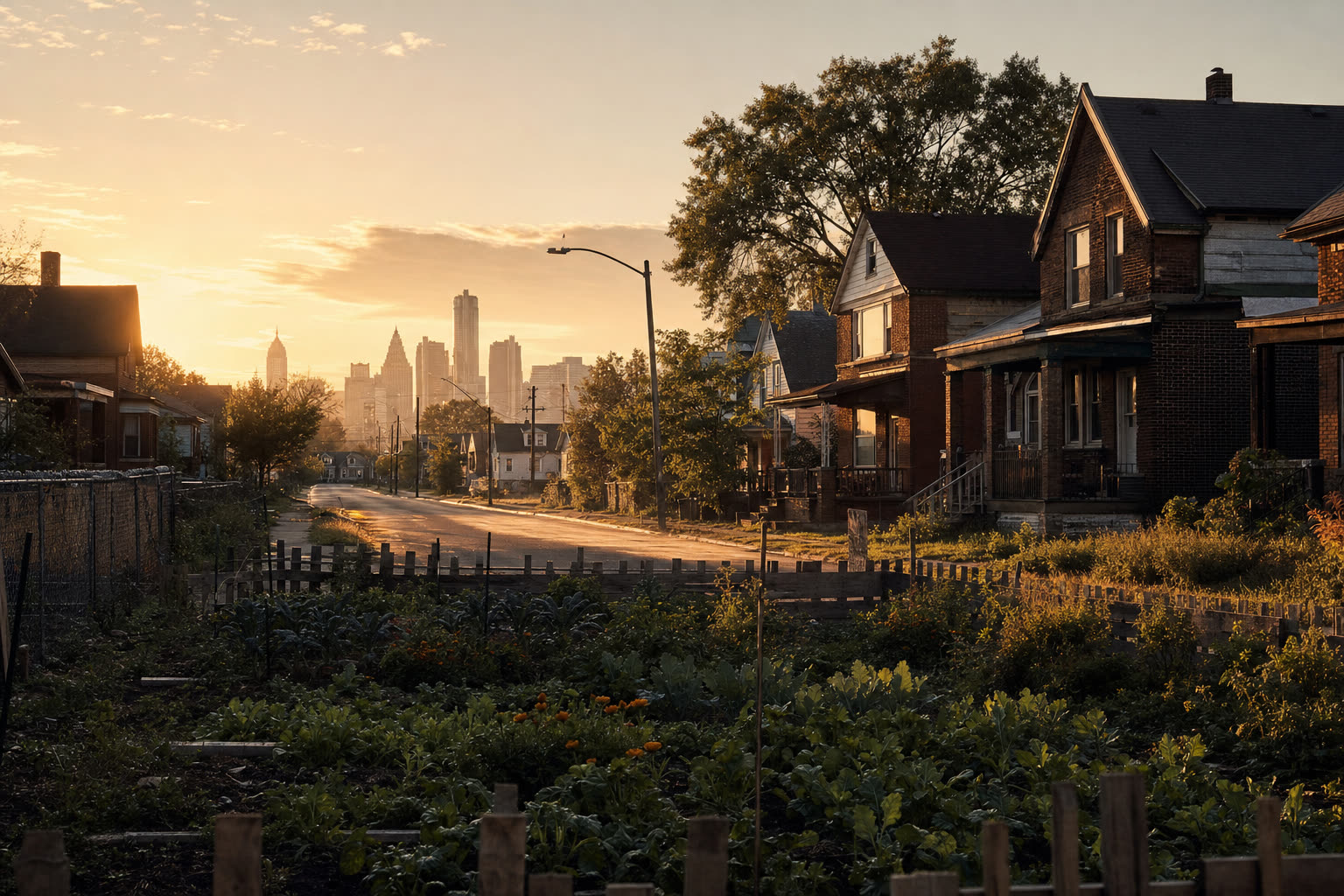 A working-class Detroit neighborhood at golden hour, with a community garden in the foreground and the city skyline in the distance.