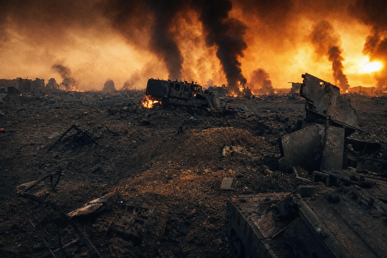 An apocalyptic battlefield at dusk. Burning vehicles, ember-filled sky, smoke and silhouettes.