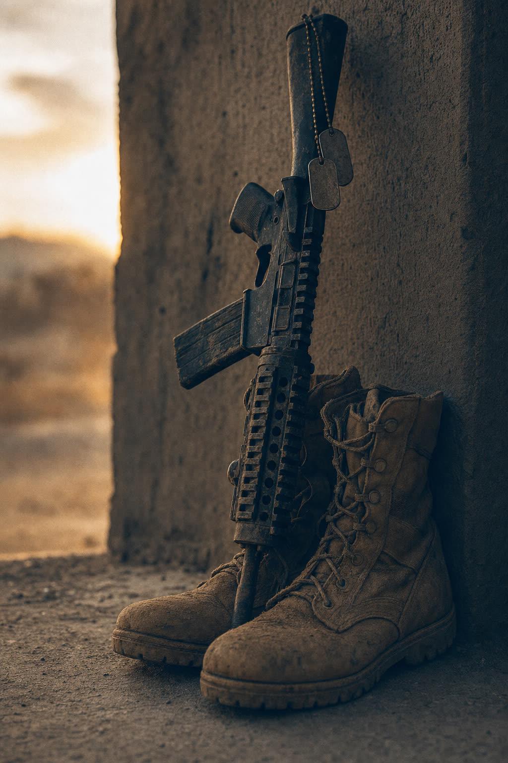 A battlefield cross: an inverted rifle planted between a pair of dust-caked combat boots, dog tags hanging from the grip, lit by low sunset light.