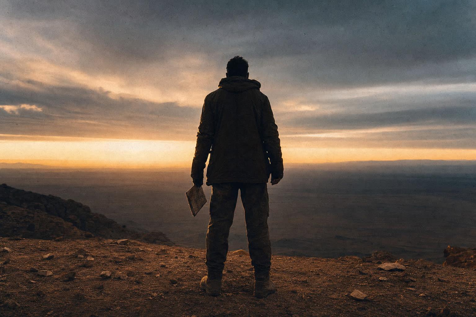 A silhouetted operator standing alone at the edge of a horizon at dusk.