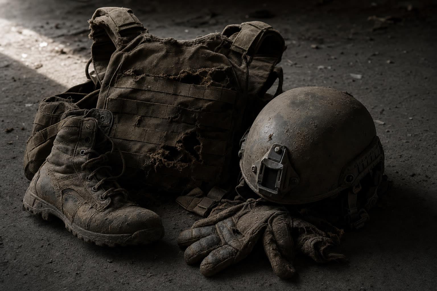 A torn plate carrier, dented helmet, dust-caked boots and gloves on a concrete floor.