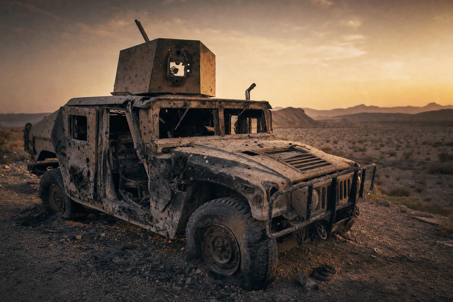 A heavily damaged tactical vehicle at dusk.