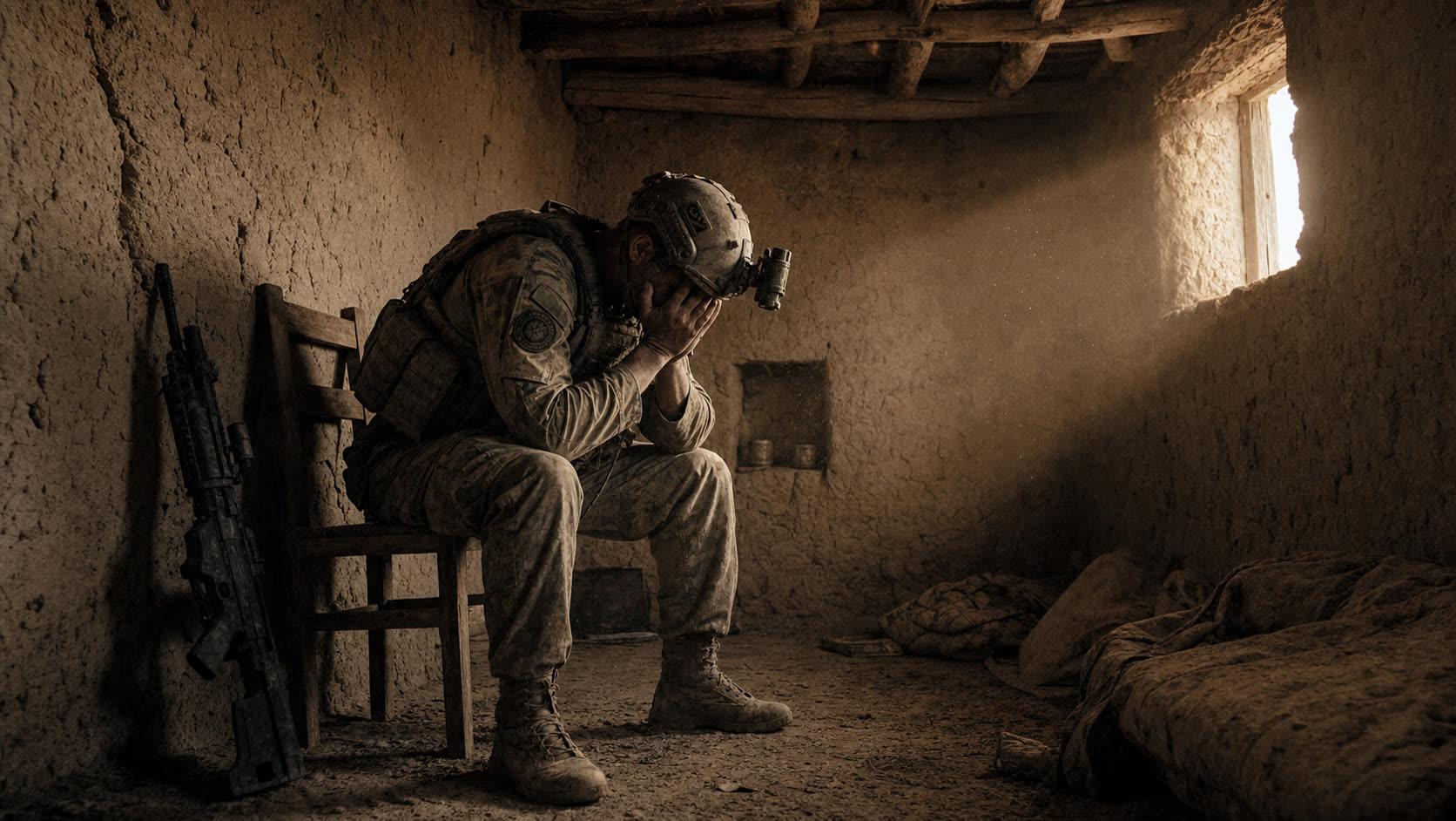 A lone operator sitting on a wooden chair on a dirt floor inside a mud hut. Helmet with night-vision device still mounted. Face buried in their hands. Rifle propped against the far wall.