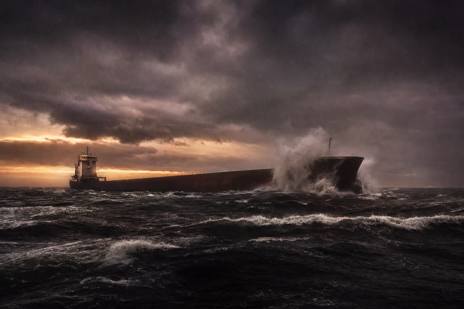 A 1970s Great Lakes ore freighter running heavy in dusk storm seas, dwarfed by the lake.