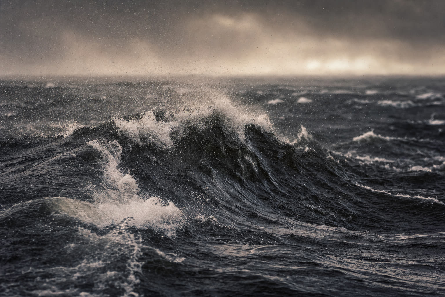 A massive black wave crests on Lake Superior under a leaden November sky.