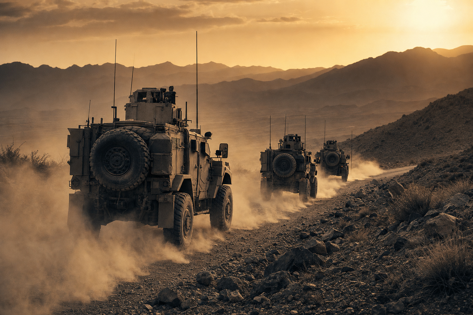A convoy moving through a stark landscape.