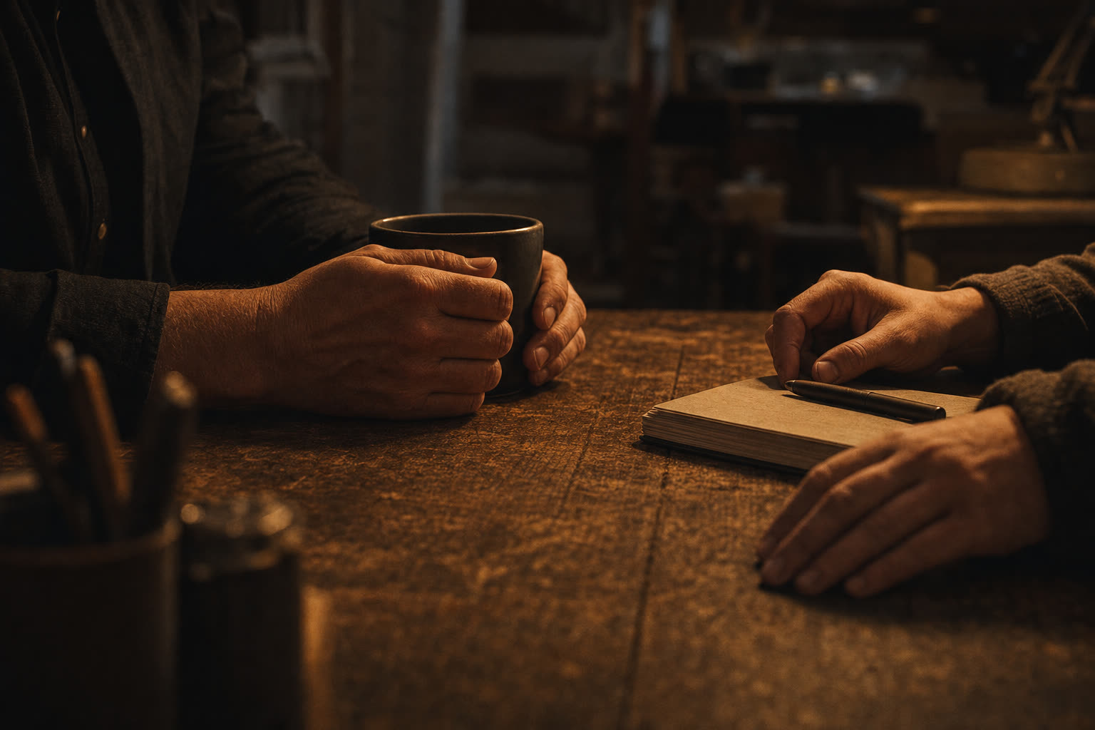 Two pairs of hands across a worn wooden table at amber lamp light — a notebook, a pen, a coffee mug.