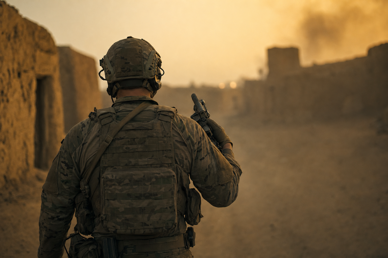 An operator from behind in tactical posture.