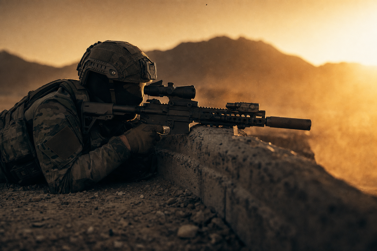 An operator prone with rifle, silhouetted.